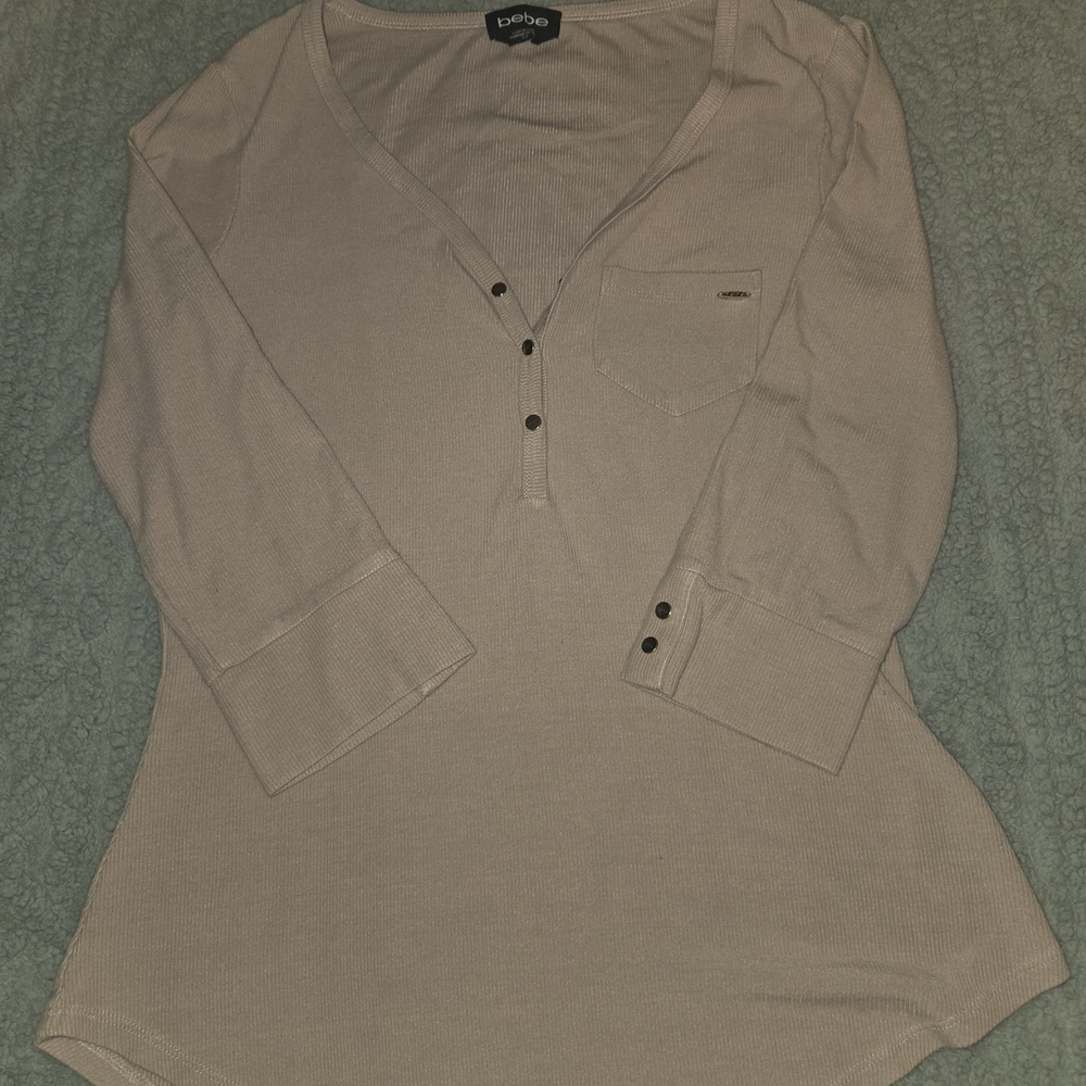 Bebe Beige Long Sleeve Top with Button Details
